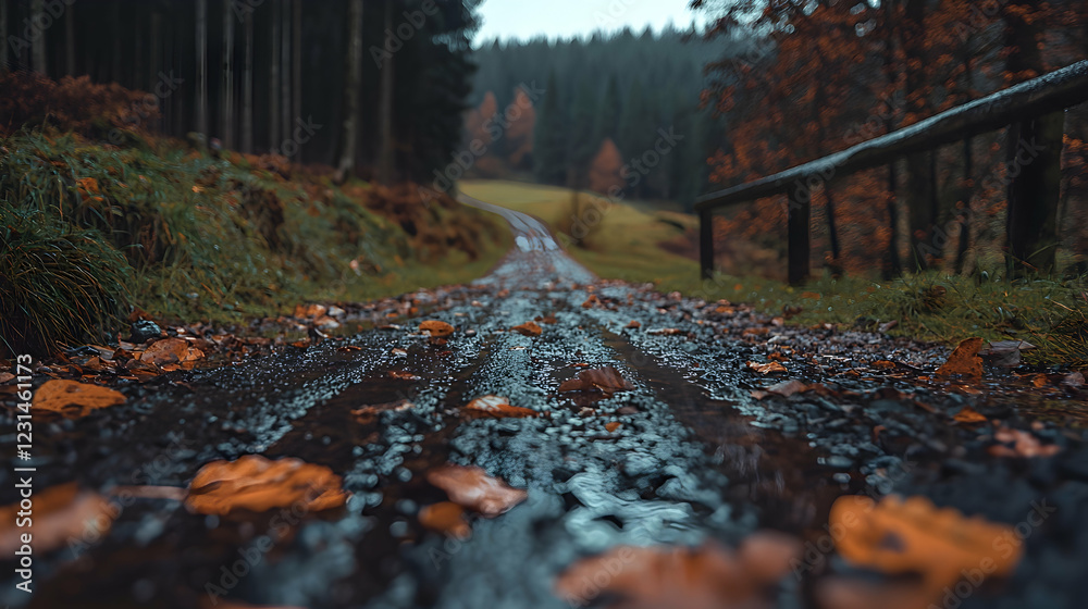 Autumnal forest road, wet leaves, trees background; nature imagery Autumnal forest road, wet leaves, trees background; nature imagery
