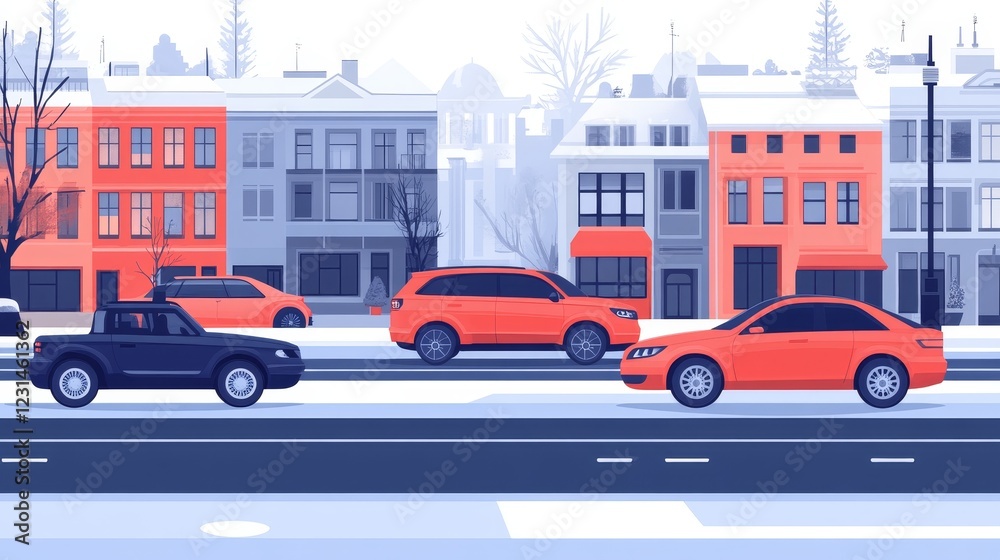 Obraz premium Snowy City Street Scene with Cars Driving Past Buildings