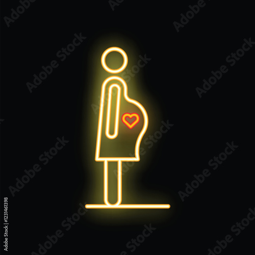 Glowing neon line icon of a pregnant woman holding her belly with a heart representing love for her unborn child