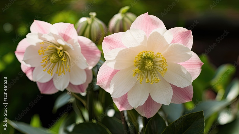 Delicate pink and white hellebores bloom gracefully in a lush green garden, showcasing intricate petals and vibrant yellow centers. Delicate pink and white hellebores bloom gracefully in a lush green garden, showcasing intricate petals and vibrant yellow centers.