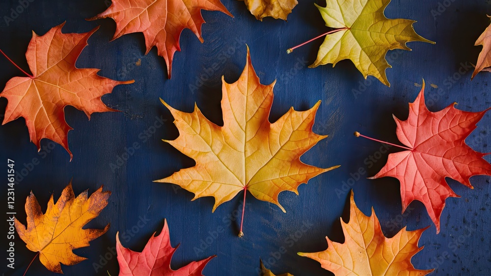 Fototapeta premium Colorful autumn leaves in vibrant orange, red, and yellow hues scattered over a dark blue surface, highlighting the beauty of fall foliage.