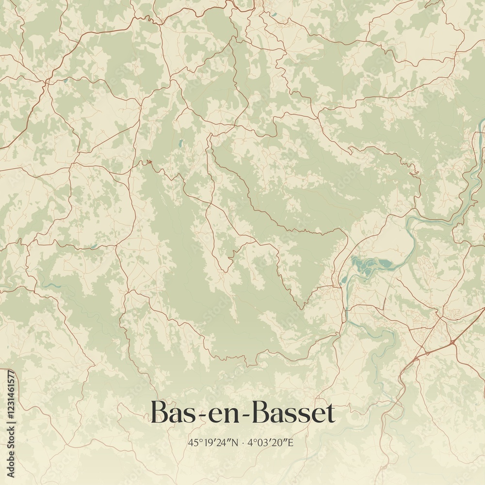 Fototapeta premium Retro map of Bas-en-Basset, Auvergne-Rh�ne-Alpes, France. Vintage street map.