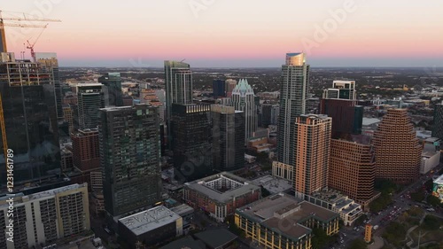 Wallpaper Mural Aerial tracking shot in front of skyscrapers in downtown Austin, sunset in USA Torontodigital.ca