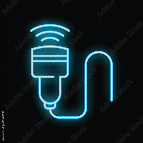 Neon light style icon of an ultrasound machine emitting a wifi signal, representing the concept of wireless technology in medicine