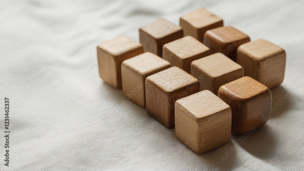 Minimalist wooden cubes arranged in two rows on a light textured fabric background showcasing natural wood tones and subtle shadows. Minimalist wooden cubes arranged in two rows on a light textured fabric background showcasing natural wood tones and subtle shadows.