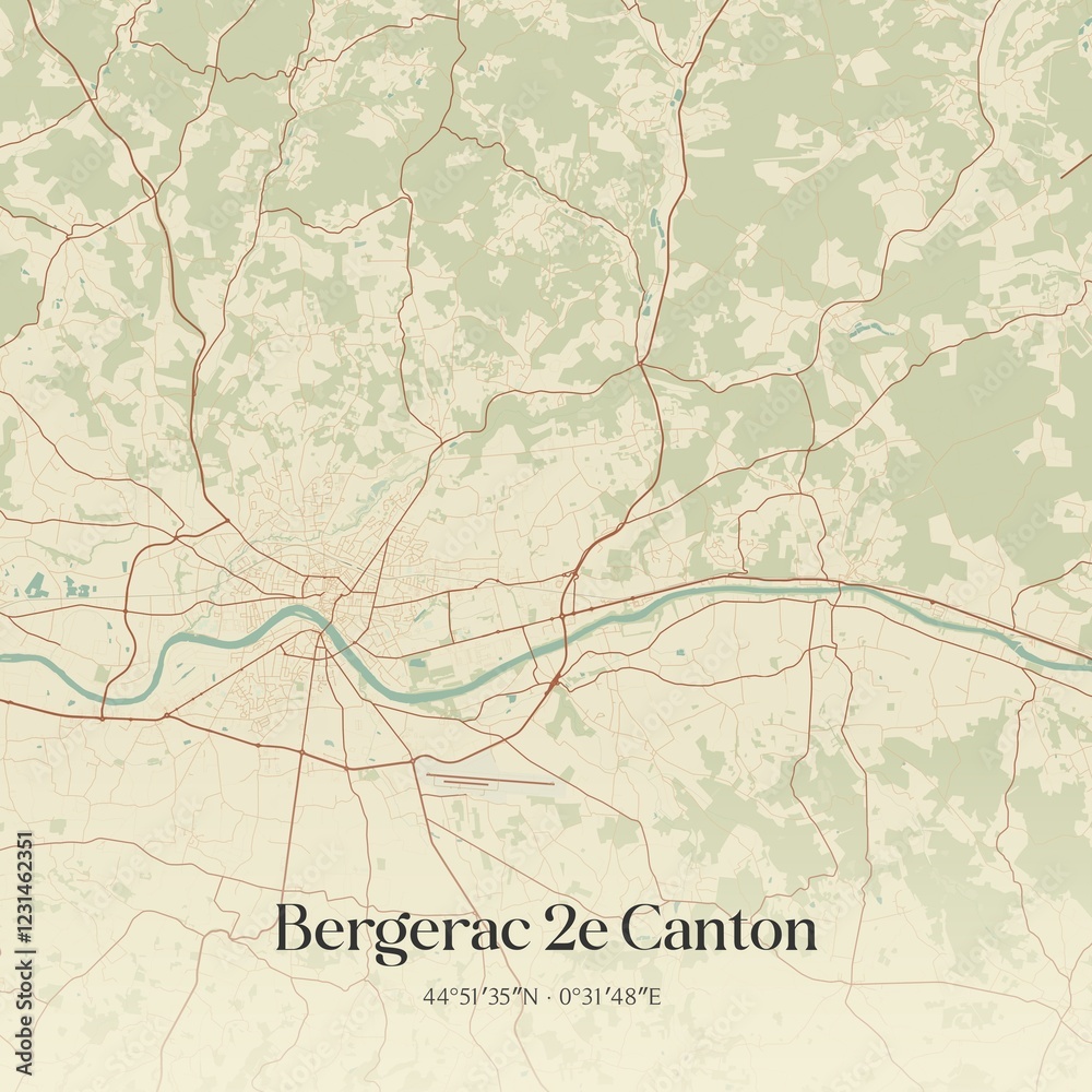 Fototapeta premium Retro map of Bergerac 2e Canton, Nouvelle-Aquitaine, France. Vintage street map.