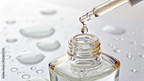 A clear dropper dispensing a droplet of liquid from a glass bottle, surrounded by water droplets, reflecting a clean and fresh aesthetic.