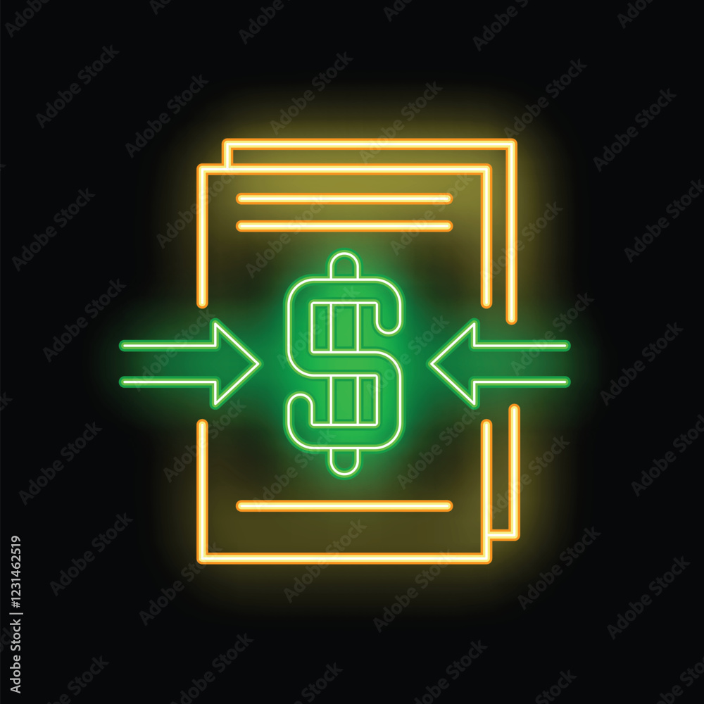 Neon green dollar sign with arrows pointing to a document, representing a money transfer Neon green dollar sign with arrows pointing to a document, representing a money transfer