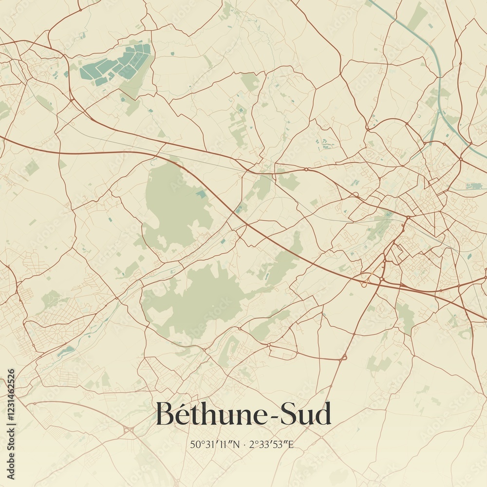 Fototapeta premium Retro map of B�thune-Sud, Hauts-de-France, France. Vintage street map.