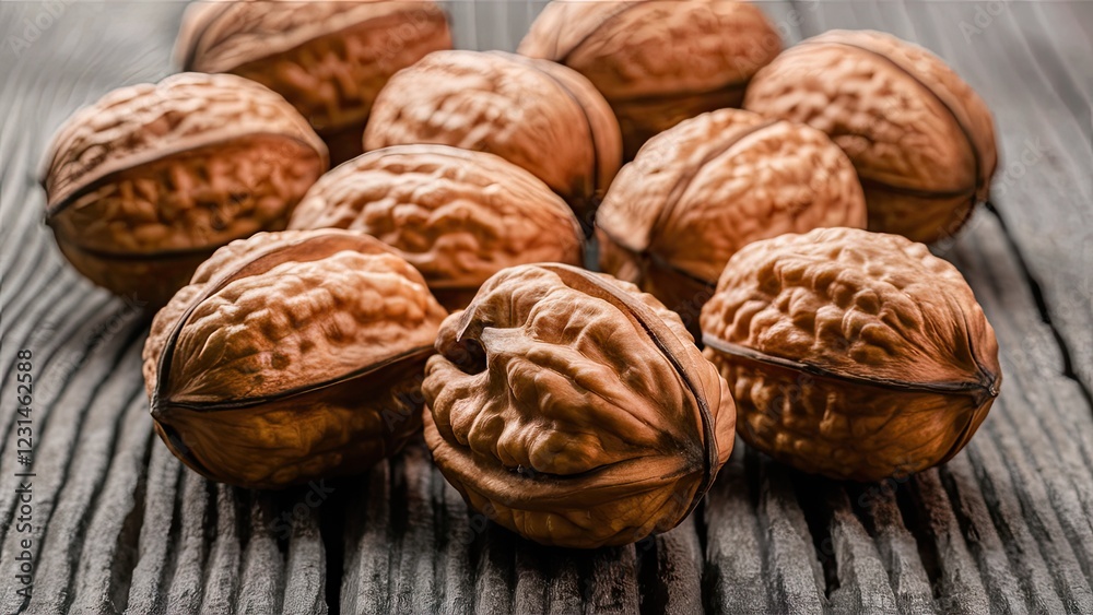 Walnuts arranged on a textured dark wooden surface with a blurred background highlighting their rich brown tones and intricate shell patterns. Walnuts arranged on a textured dark wooden surface with a blurred background highlighting their rich brown tones and intricate shell patterns.