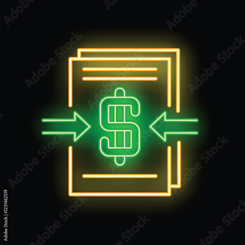 Neon green dollar sign with arrows pointing to a document, representing a money transfer