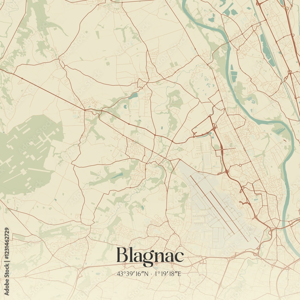 Obraz premium Retro map of Blagnac, Occitanie, France. Vintage street map.