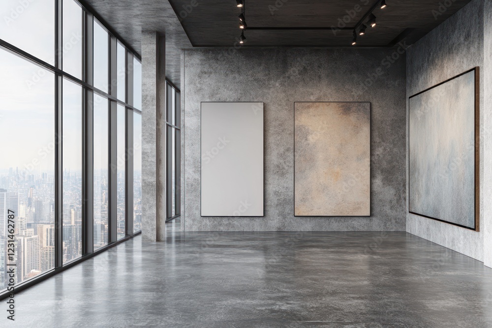 Fototapeta premium Modern art gallery, city view, empty canvases, concrete walls
