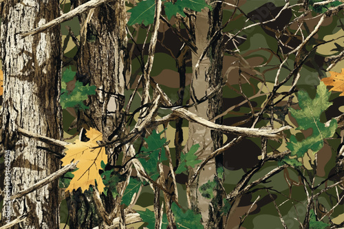Seamless Forest Camouflage with Tree Bark and Foliage Elements