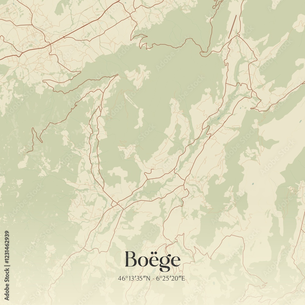 Fototapeta premium Retro map of Bo�ge, Auvergne-Rh�ne-Alpes, France. Vintage street map.