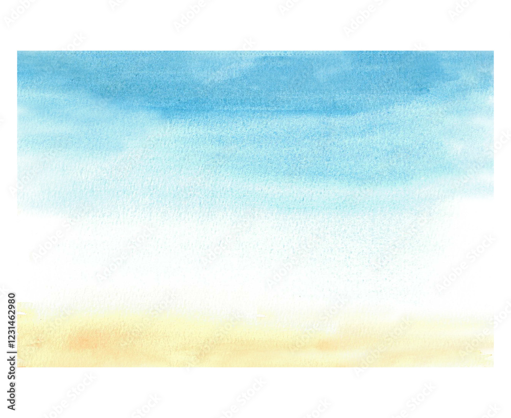 Sunrise, hand painted sky in watercolour background. Realistic colorful yellow, blue sky gradient. Clipart for design of landscape card, poster, banner print. Isolated from background illustration Sunrise, hand painted sky in watercolour background. Realistic colorful yellow, blue sky gradient. Clipart for design of landscape card, poster, banner print. Isolated from background illustration