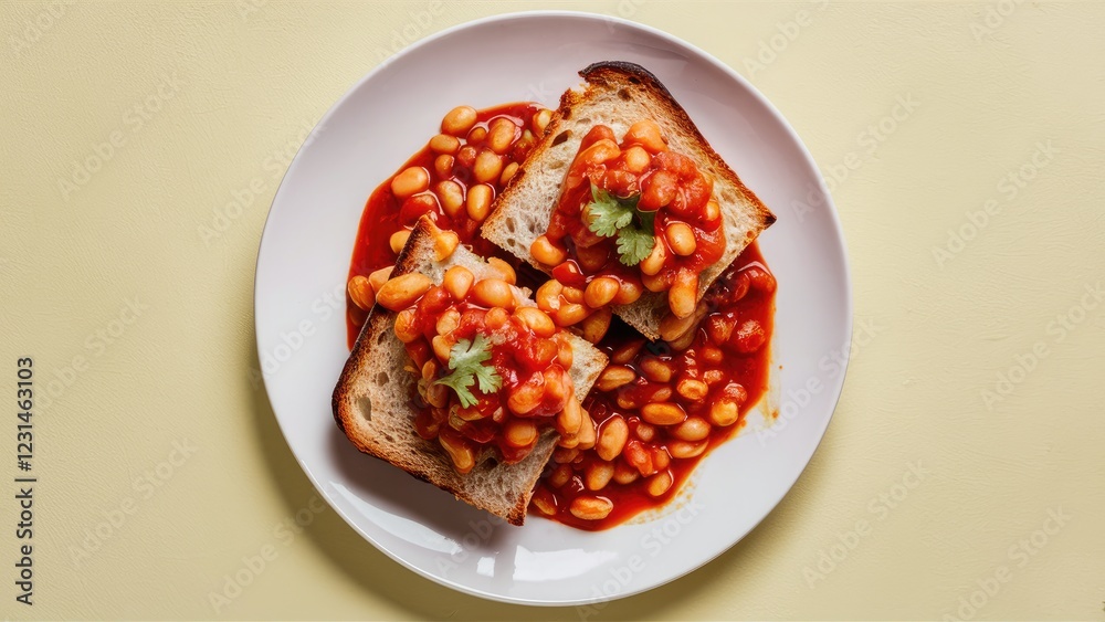Toasted bread topped with baked beans in rich tomato sauce and cilantro on a white plate against a soft beige background, closeup view, appetizing meal Toasted bread topped with baked beans in rich tomato sauce and cilantro on a white plate against a soft beige background, closeup view, appetizing meal