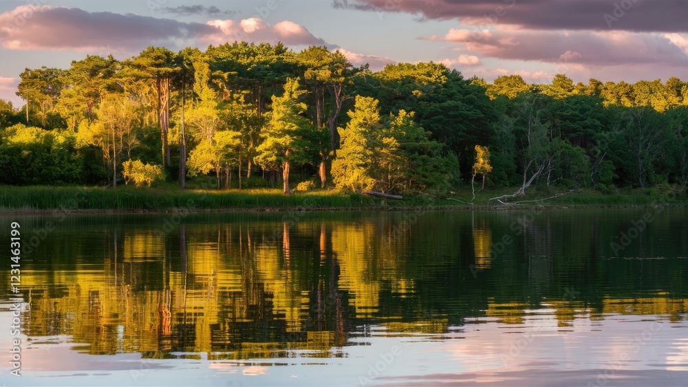 Fototapeta premium Tranquil lake scene with lush green trees reflecting in calm water under warm sunset rays with soft clouds creating a serene atmosphere