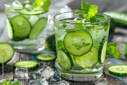 A glass of refreshing cucumber mint juice with ice cubes, served in a clear glass with cucumber slices floating inside