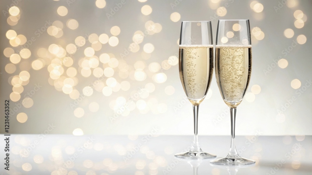 Two elegant champagne flutes filled with sparkling champagne against a soft, glowing background of bokeh lights. Two elegant champagne flutes filled with sparkling champagne against a soft, glowing background of bokeh lights.