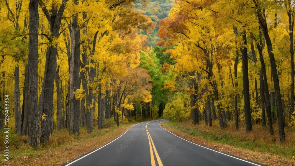 Fototapeta premium Winding road through vibrant yellow and orange autumn trees with a lush green backdrop, showcasing the beauty of the fall season in the woods.