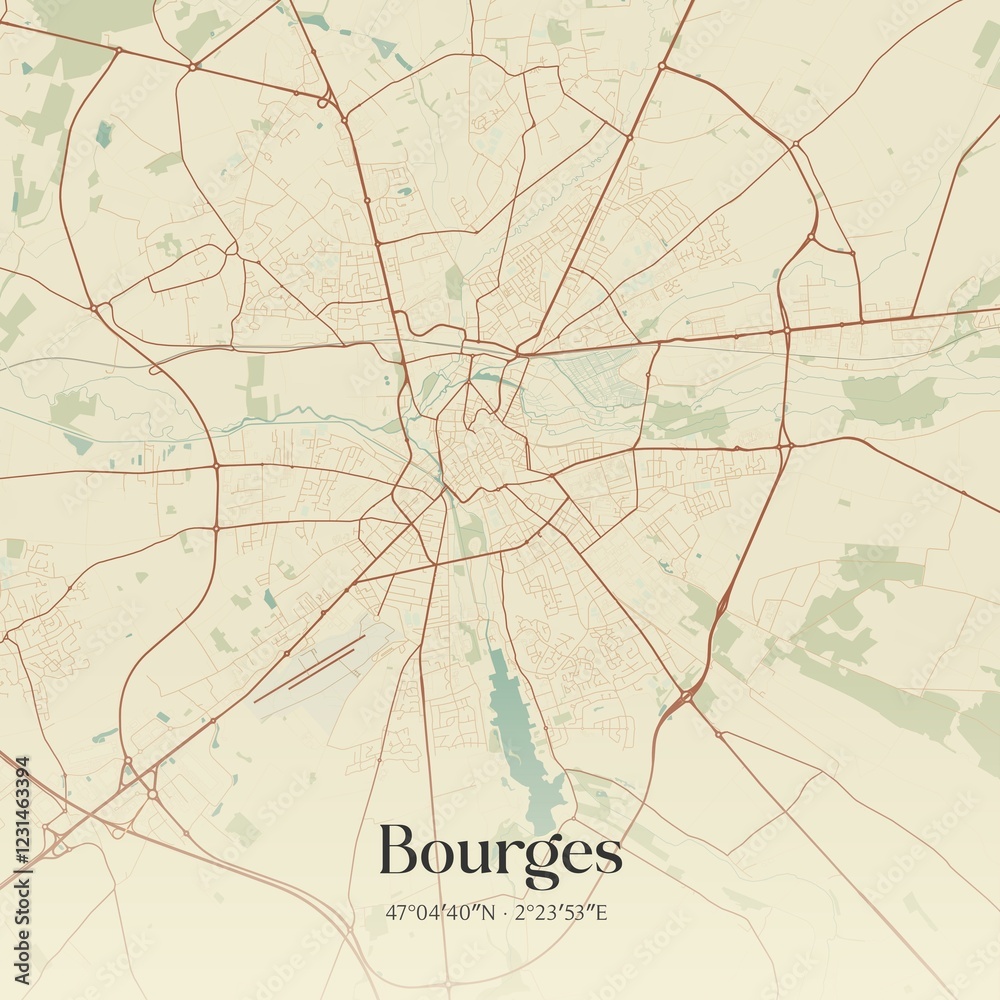 Obraz premium Retro map of Bourges, Centre-Val de Loire, France. Vintage street map.