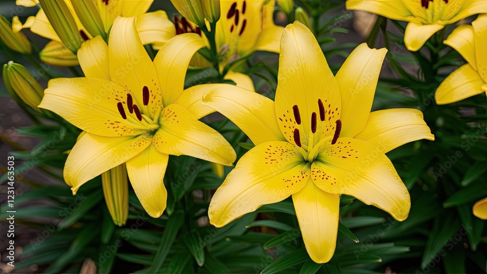 Obraz premium Vibrant yellow lilies in full bloom with green foliage creating a lush garden setting showcasing their intricate patterns and shapes.