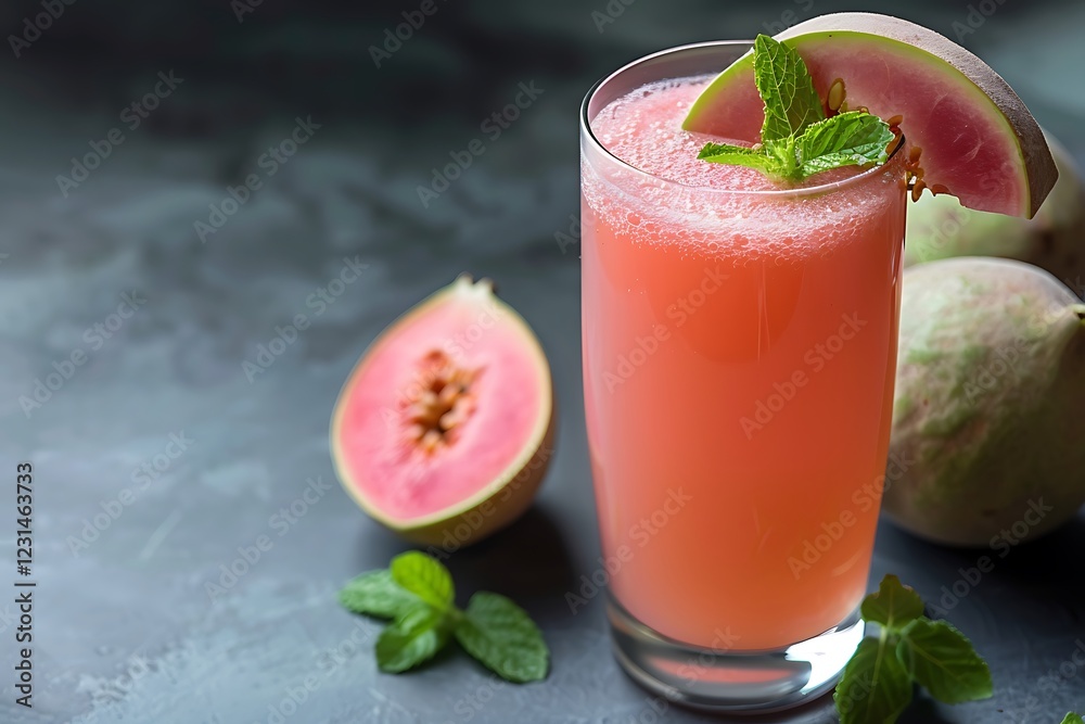 A glass of refreshing guava juice with a light pink color, served with a guava slice and a few fresh mint leaves A glass of refreshing guava juice with a light pink color, served with a guava slice and a few fresh mint leaves