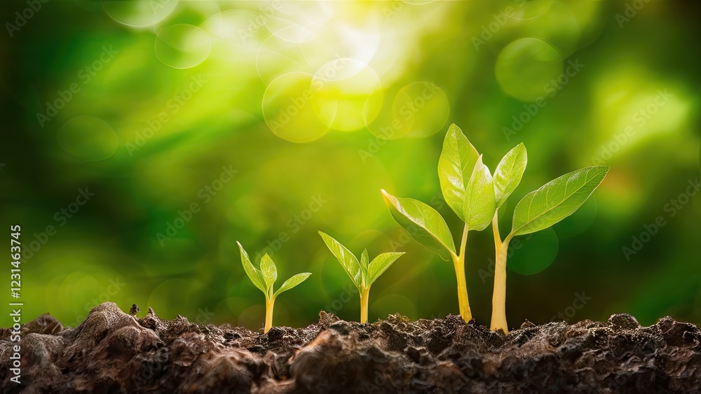 Fototapeta premium Fresh green seedlings emerging from dark soil against a blurred vibrant green bokeh backdrop with soft sunlight filtering through the scene.