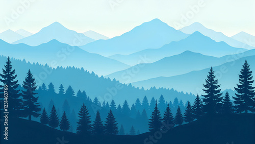 Silhouette of mountains and coniferous forest. Vector illustration.