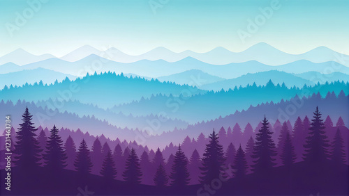 Beautiful landscape with mountains and coniferous forest. Vector illustration.
