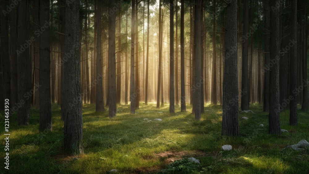 Fototapeta premium Sunlight streaming through tall trees in a serene forest setting with lush green grass and scattered stones illuminated by soft golden light.