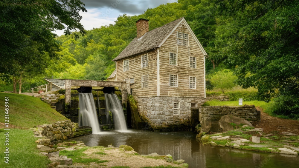 Scenic water mill in lush greenery with flowing waterfall on the left and rustic wooden structure reflecting in calm water below. Scenic water mill in lush greenery with flowing waterfall on the left and rustic wooden structure reflecting in calm water below.