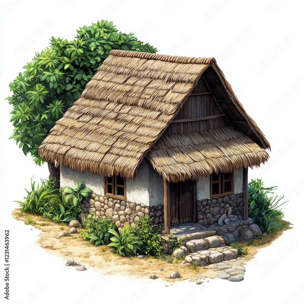 Thatch Roof Hut: Tropical Stone House, Village Home, Rural Shelter, Rustic Design Thatch Roof Hut: Tropical Stone House, Village Home, Rural Shelter, Rustic Design