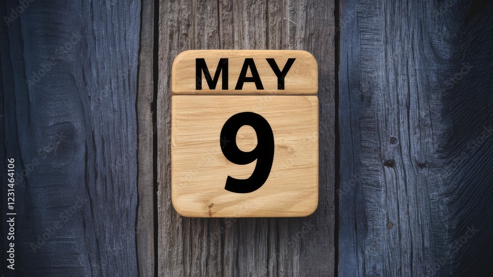 Wooden calendar displaying the date May 9 centered against a textured dark wood background, highlighting rustic decor for appointment themes. Wooden calendar displaying the date May 9 centered against a textured dark wood background, highlighting rustic decor for appointment themes.