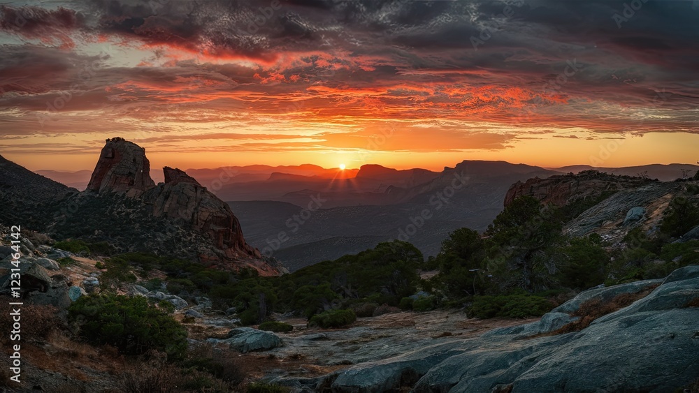 Fototapeta premium Dramatic sunset landscape with vibrant red and orange hues illuminating rocky formations and distant mountains under a moody sky 1