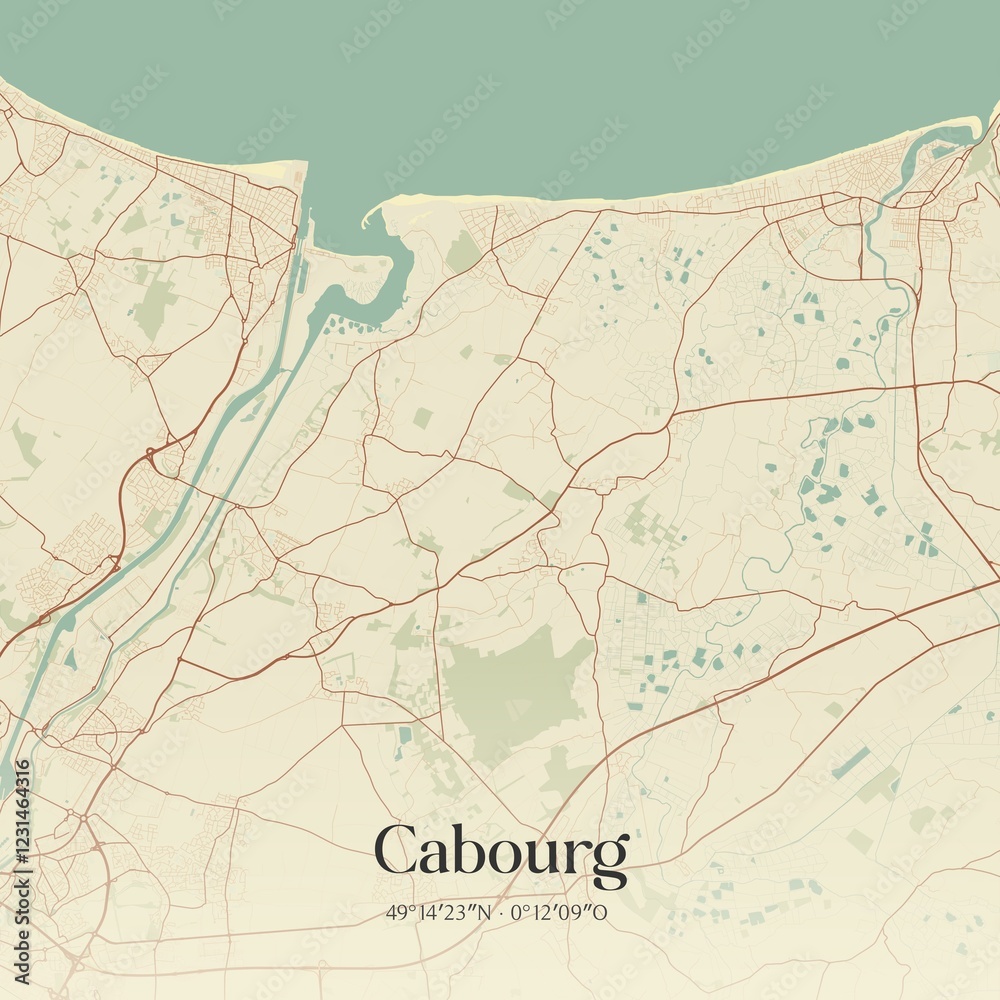 Retro map of Cabourg, Normandie, France. Vintage street map.