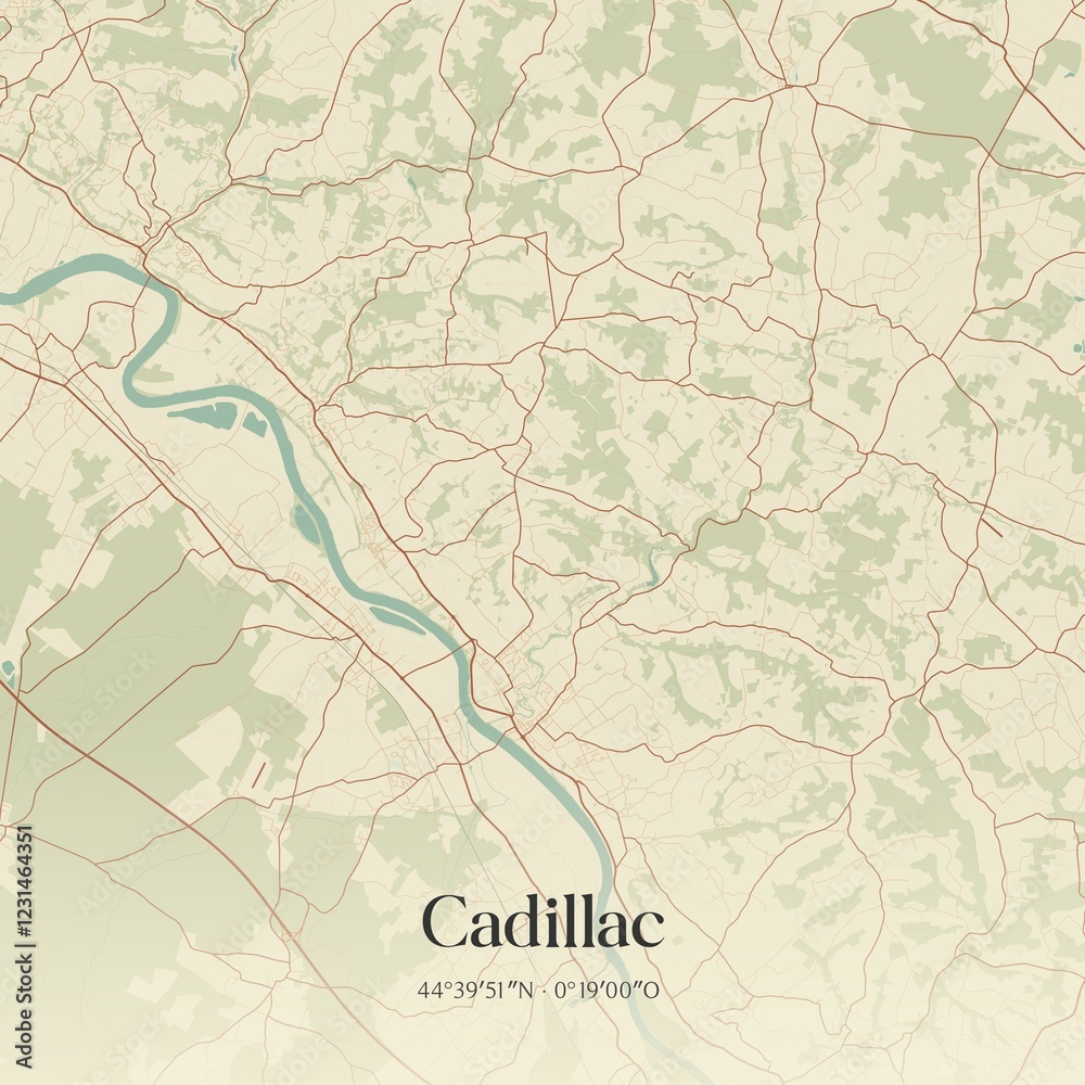 Fototapeta premium Retro map of Cadillac, Nouvelle-Aquitaine, France. Vintage street map.