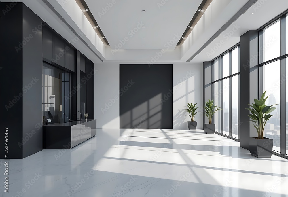 Modern Office Reception Area With Floor To Ceiling Windows Modern Office Reception Area With Floor To Ceiling Windows