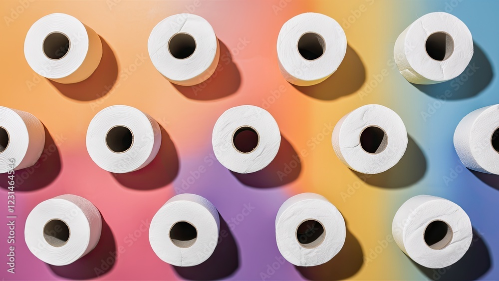 Top view of white toilet paper rolls arranged in grid on gradient pink and orange vibrant background with shadows creating depth Top view of white toilet paper rolls arranged in grid on gradient pink and orange vibrant background with shadows creating depth