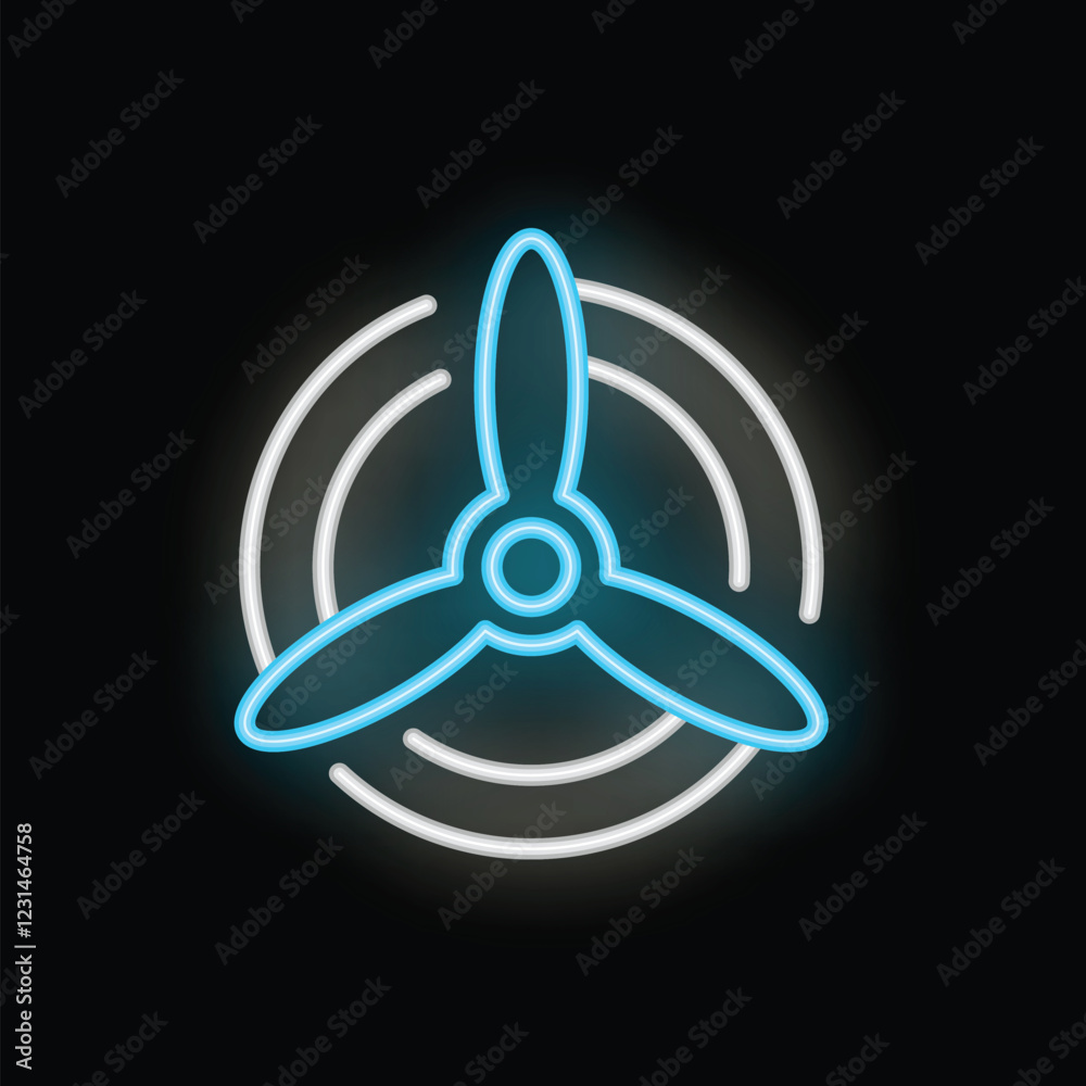 Blue neon icon of a three blade propeller spinning fast on a black background Blue neon icon of a three blade propeller spinning fast on a black background