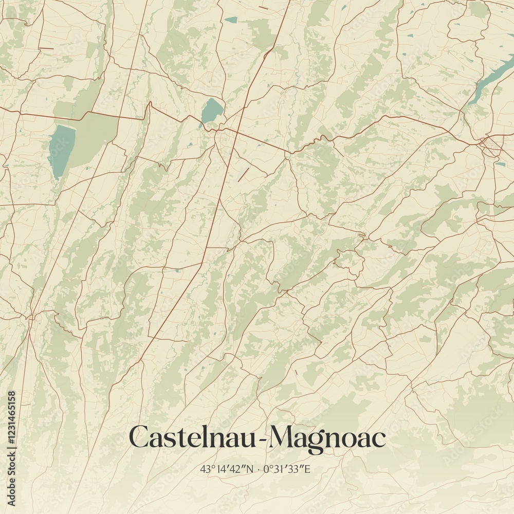 Fototapeta premium Retro map of Castelnau-Magnoac, Occitanie, France. Vintage street map.