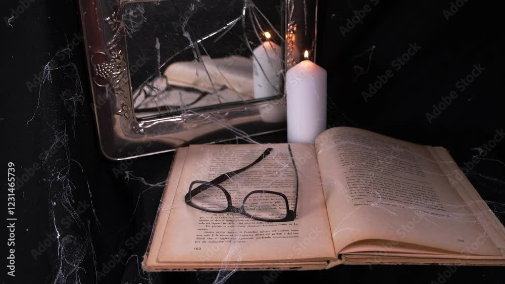 Oggetti abbandonati, libro, specchio rotto e occhiali con ragnatele, candela accesa 