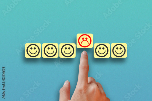 All cubes are happy and one cubes are sad. Customer review concept. Bullying concept. Discrimination people concept.