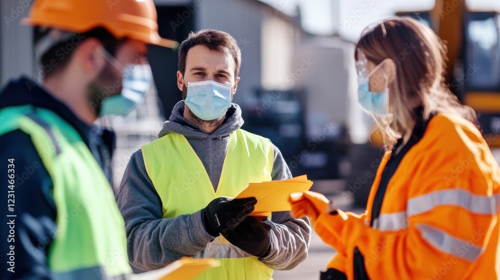 Safety officers ensuring construction workers are wearing proper personal protective equipment.