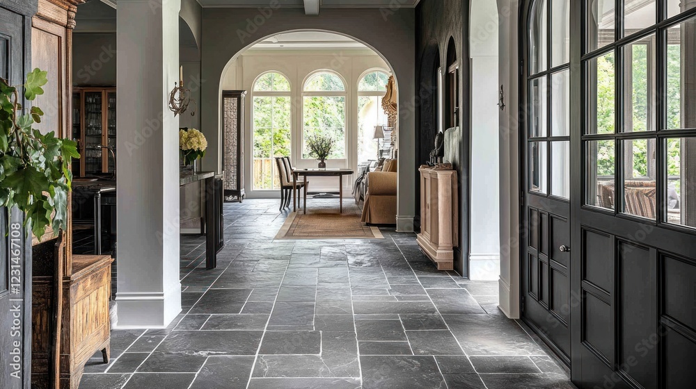 Sunlit hallway with dark slate floor, arched doorway, and antique furniture. Sunlit hallway with dark slate floor, arched doorway, and antique furniture.