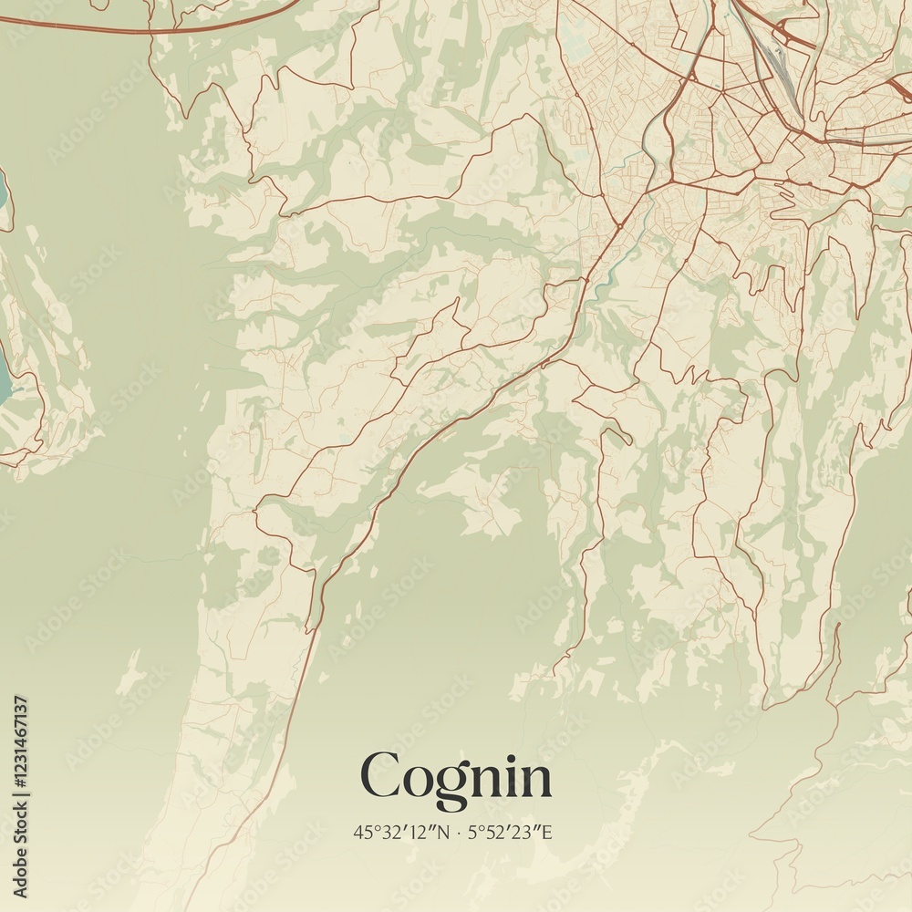 Fototapeta premium Retro map of Cognin, Auvergne-Rh�ne-Alpes, France. Vintage street map.