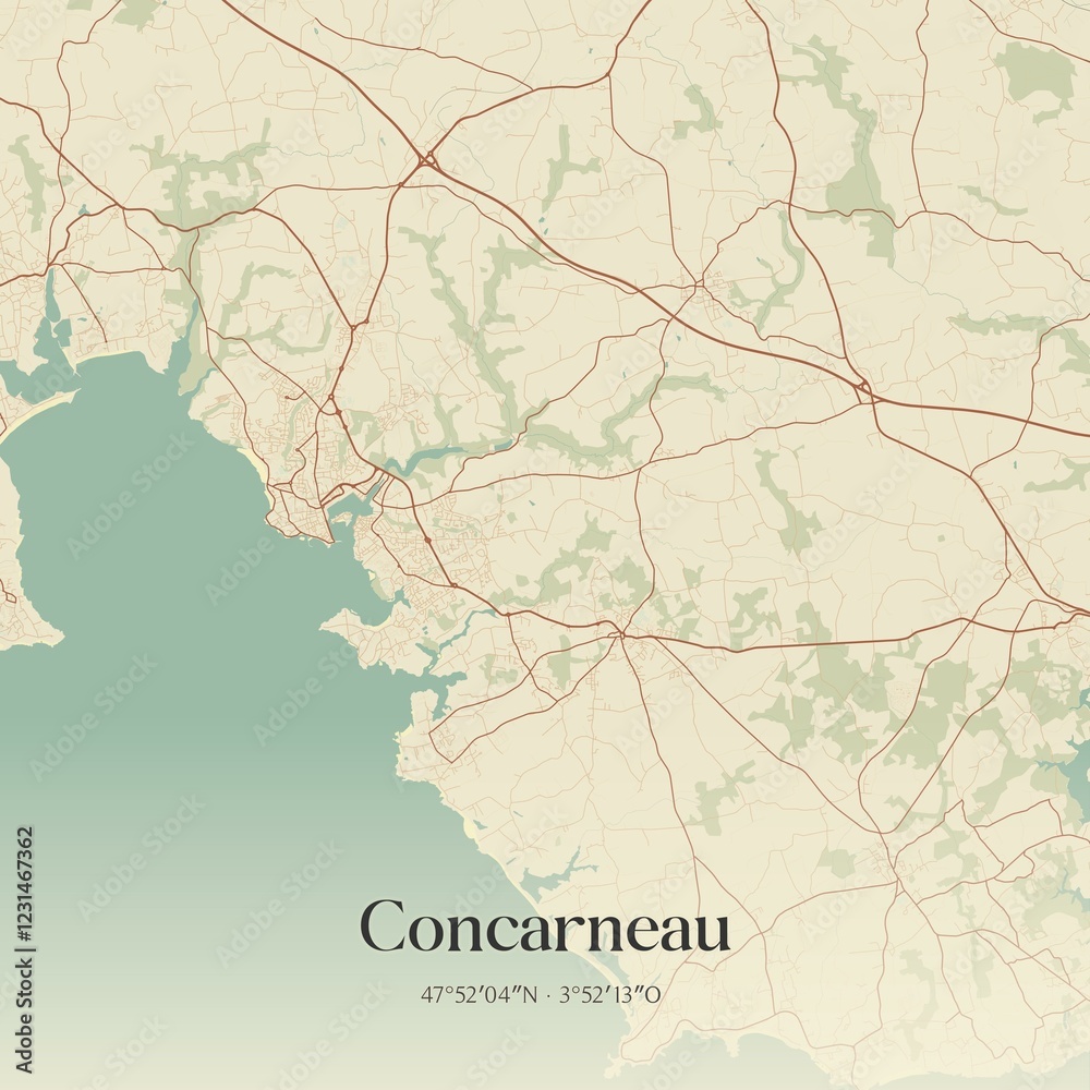 Obraz premium Retro map of Concarneau, Bretagne, France. Vintage street map.
