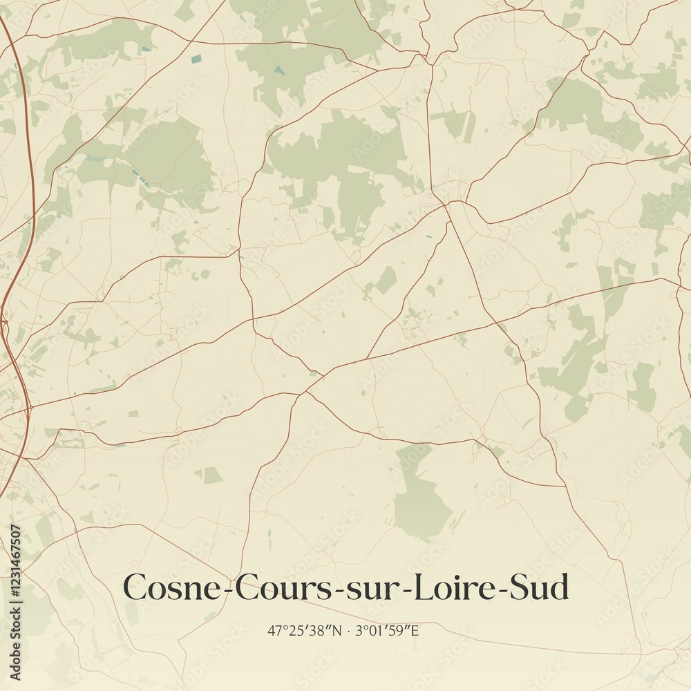 Obraz premium Retro map of Cosne-Cours-sur-Loire-Sud, Bourgogne-Franche-Comt�, France. Vintage street map.