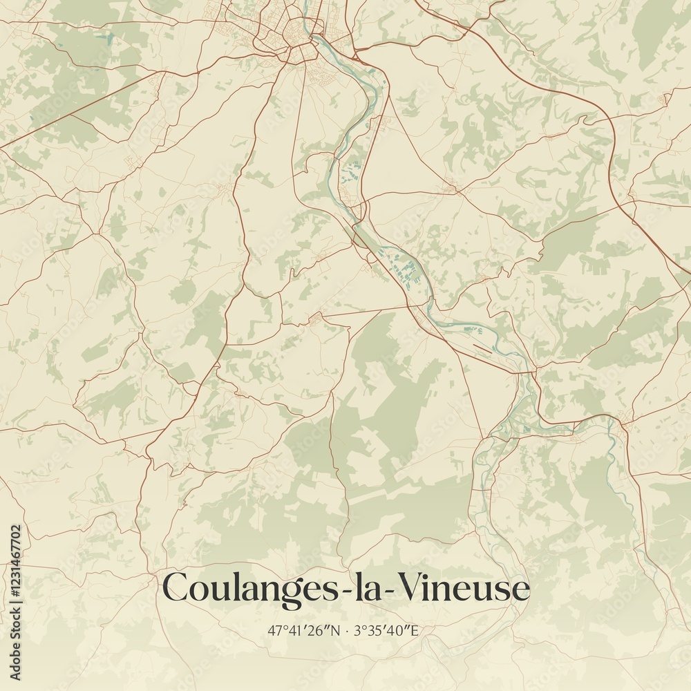 Fototapeta premium Retro map of Coulanges-la-Vineuse, Bourgogne-Franche-Comt�, France. Vintage street map.